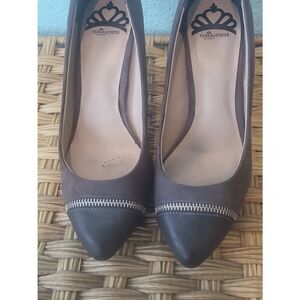 Fergalicious Gray Suede Pointed-Toe Heels with Zip Detail